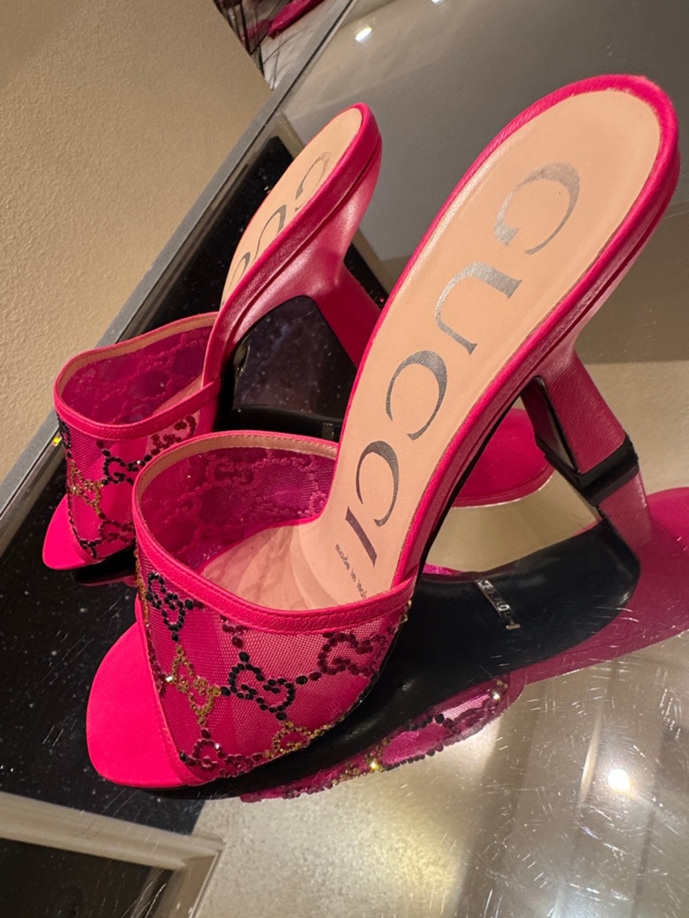 Gucci GG Monogram Demi Rhinestone Crystal Mesh Mules Heels - Picture 4 of 8